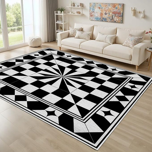 Black and White Checkered Rug, Checkered Rug, Modern Geometric Pattern Carpet, Retro Machine Washable Non Slip Area Rugs, Contemporary Rugs for Living Room/Bedroom 6x8