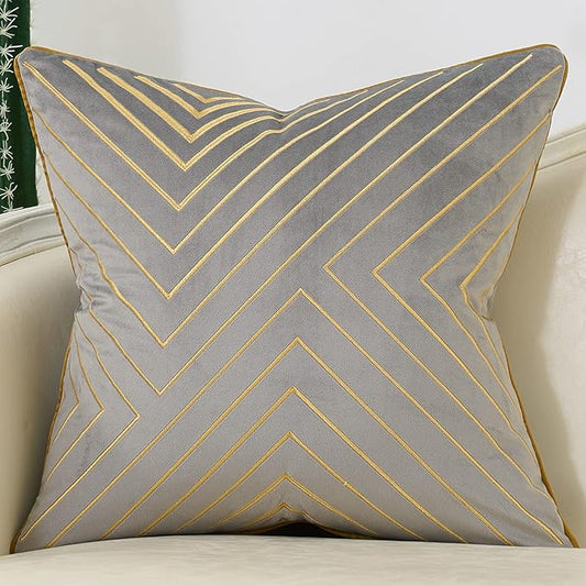 Avigers 18 x 18 Inch Grey Gold Striped Geometric Lines Embroidery Velvet Cushion Case Luxury Modern Throw Pillow Cover Decorative Pillow for Couch Living Room Bedroom Car 45 x 45cm