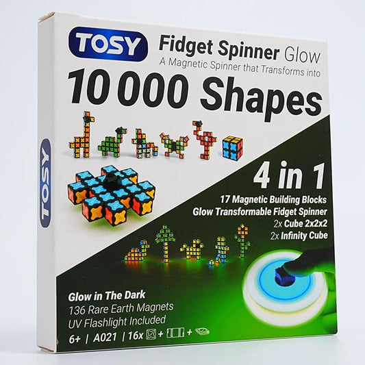 TOSY Magnet Fidget Spinner Glow - 16 Blocks, 3in1 Toy: Transformable Fidget Spinner, Infinity/Puzzle Cube, Glowing, Christmas Stocking Stuffers Gift for Kids/Adults, STEM Sensory Stress Relief