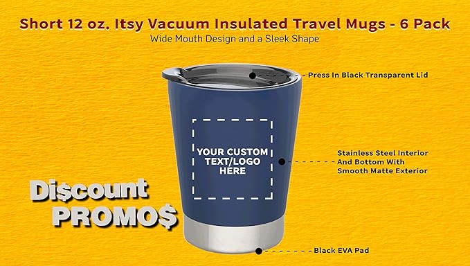 Personalized 12 oz. Itsy Vacuum Insulated Travel Mugs - 6 Pack - Custom Text, Logo - Blue