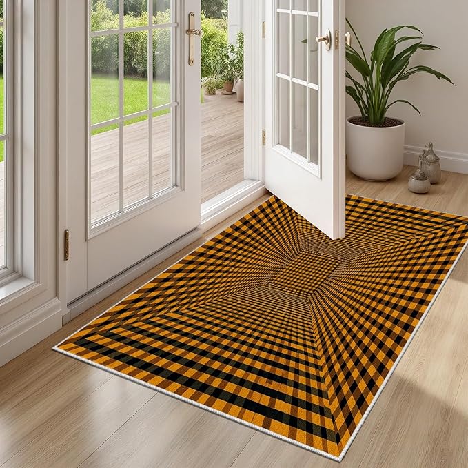 3D Rugs Optical Illusion - Plaid Rug 2x3, Geometric Stripes Soft Neutral Indoor Floor Mats Carpet, Non-Slip Stain Resistant Modern Orange Rug for Bedroom, Living Room Rugs