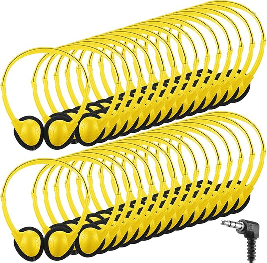Konohan 30 Pack Headphones Bulk Headphone for School Classroom Student Wired Headphones Adjustable with 3.5 mm Jack for Adults (Yellow)