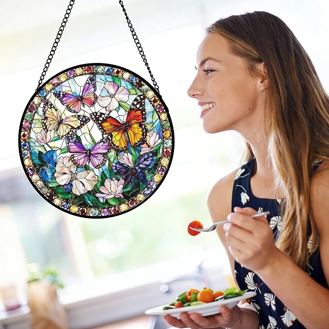 DASTOLL Stained Glass Window Hanging, Colorful Butterfly Suncatcher for Doors Home Sun Catchers Decoration and Christmas, Mother's Day Birthday Gifts for Women, Men, and Mom 7.8 in