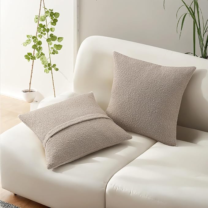 HAUSSY Set of 2 16x16 Decorative Throw Pillow Covers, Soft Cozy Textured Boucle Couch Cases, Home Decor for Couch Bed Living Room, Oatmeal
