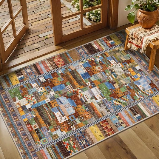 Tangsoo 2x3 Small Rugs for Entryway,Washable Vintage Entry Rug Non Slip, Soft Low Pile Throw Rugs Tribal Front Indoor Rug Small Carpet for Entrance Bedroom Kitchen Laundry Bedside (Yellow Multi)