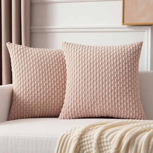 Kevin Textile Pack of 2 Corduroy Decorative Throw Pillow Covers 22x22 Inch Soft Boho Striped Pillow Covers Modern Home Decor Valentines Day Gifts for Spring Sofa Living Room Couch Bed Light Pink