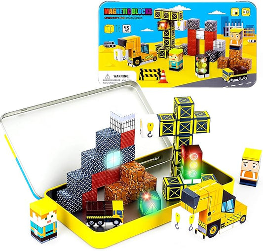 45PCS Magnetic Blocks Travel Toys for Kids with Portable Iron Box, Mini Magnetic Cubes Toys for Airplane & Car Ride STEM Learning Gift Idea for Ages 3+（ Construction Theme）