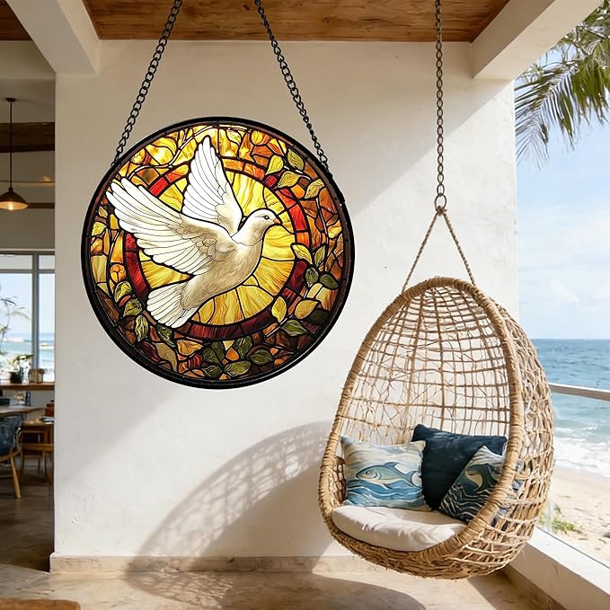 DASTOLL Stained Glass Window Hanging, Flying White Dove Sun Catchers Diamond Glass Panel Hangings Cute Birds Suncatcher Decor for Birthday for Women, Men, Wife, Aunt, and Mom 9.8X9.8 in