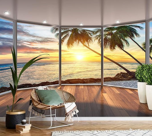 AFZEVEB-3D Landscape Wallpaper seafront verandahs Wall murals for Bedroom 159"x107"(Not Peel and Stick)