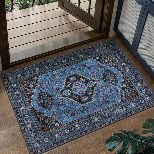 Tangsoo Blue 2x3 Washable Rugs for Entryway Oriental Non Slip Small Area Rug, Vintage Indoor Front Door Rug, Print Door Mat Indoor Entrance Soft Low Pile Throw Rug for Entry Kitchen Bedroom Blue/Black