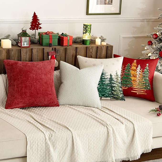 MIULEE 20x20 Inch Christmas Decorative Pillow Covers for Couch Bed Set of 2 Textured Boucle Neutral Winter Throw Pillows Red Accent Solid Cushion Pillowcases Sofa Livingroom Home Decor