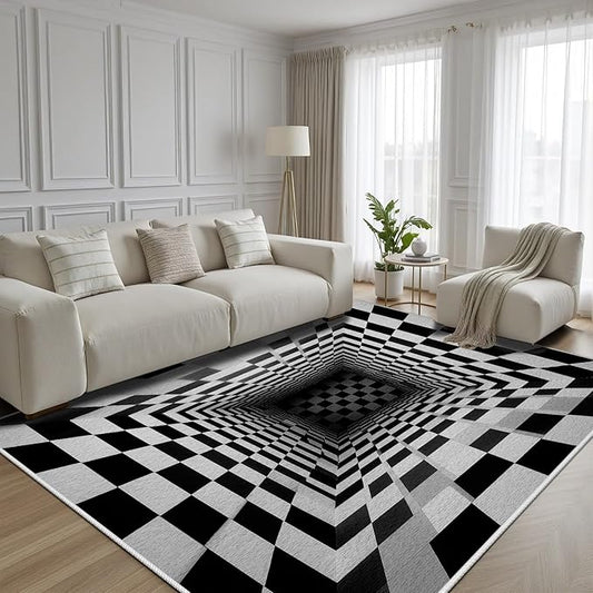 Optical Illusion Rug - Black and White Rug for Living Room, Soft Ultra Soft Faux Wool 6x9 Area Rugs Floor Mats, Non Slip&Non-Shedding Low Pile Checkered Washable Rugs, Abstract Geometric Carpet
