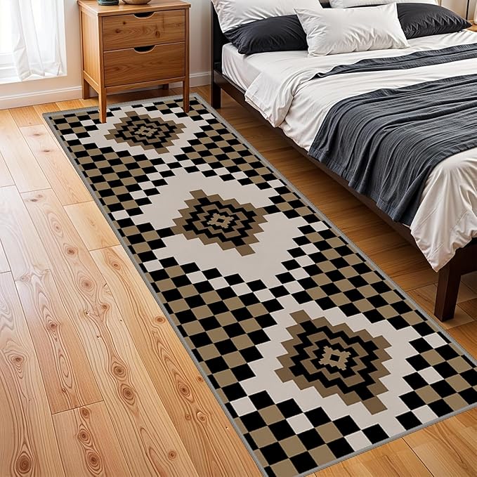 Retro Moroccan Farmhouse Decor Rug Runners for Hallways, 2x7ft, Black Linen Checkered Entryway Carpet, Rubber Backed Low Pile Easy Clean Carpets, Durable Reduce Noise Rugs for Floor