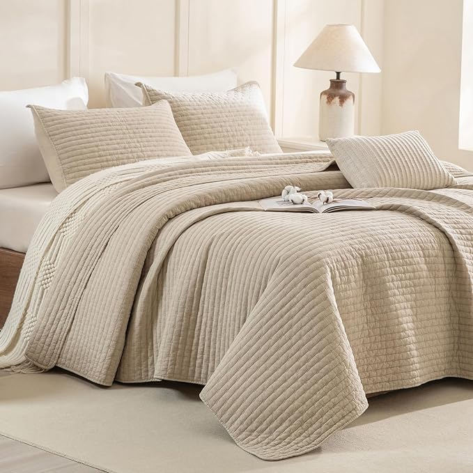 Sanracie Stonewashed Cotton Coverlet Queen Size(90"x98"), Ultra Soft Dark Wheat Color Crinkle Quilt Bedding Set 3Pcs Cross Stitch Pattern Lightweight Breathable Bedspread Set for All Season