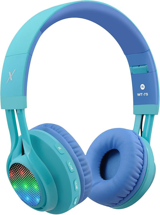 Riwbox WT-7S Kids Bluetooth Headphones, LED Light Up Wireless Foldable Stereo Headset with Microphone and Volume Control for PC/Tablet/TV/Travel (Blue)