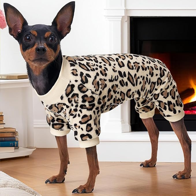 XPUDAC Fleece Dog Pajamas Leopard Dog Sweaters Winter Puppy Clothes for Small Medium Dogs Boy Girl Pet Jumpsuits Doggie Outfits for Christmas, S