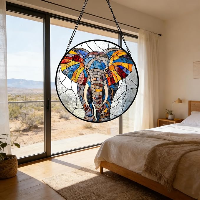 Stained Glass Window Hanging, Colorful Elephant Sun Catcher for Door Home Decor Animal Suncatcher Christmas Mother's Day Birthday Gifts for Women Men Mom and Nana 6.3 in
