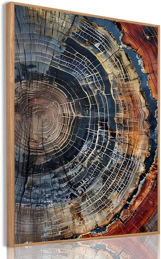 IBHJSART Framed Tree Ring Canvas Wall Art Vintage Colorful Wood Stump Painting Prints Modern Minimalist Pictures Neutral Nature Rustic Farmhouse Decor Living Room Bedroom Bathroom Office