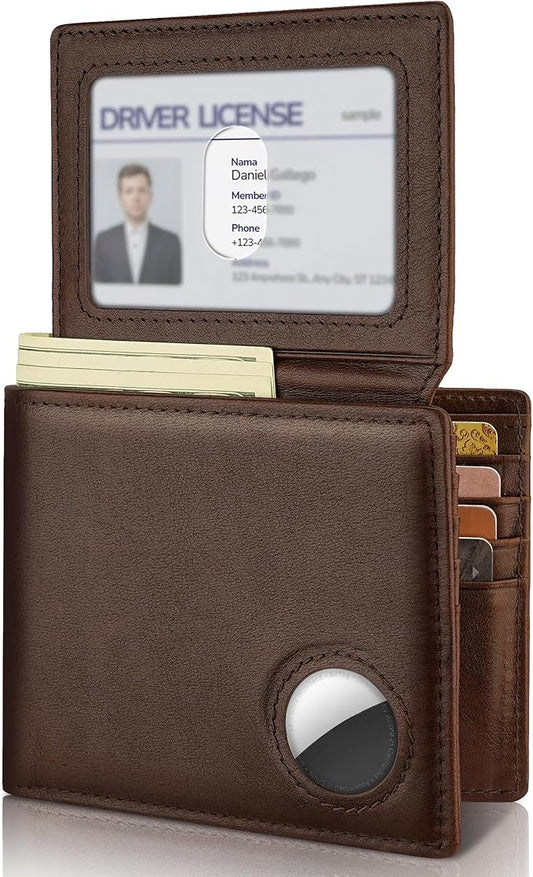 Mens Wallet With AirTag Holder, Bifold Leather RFID Blocking 1-2 ID Windows 12-13 Card Holders, Gift Box and Screen Protector Included, AirTag Not Included