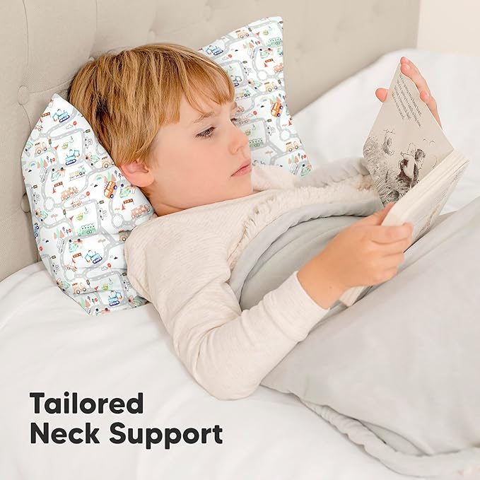 Toddler Pillow with Pillowcase - 13x18 My Little Dreamy Kids Travel Bed Pillows for Sleeping, Organic Cotton Small Pillowcase, Soft & Breathable, Machine Washable, Toddlers 2-5 years old (Roadway)
