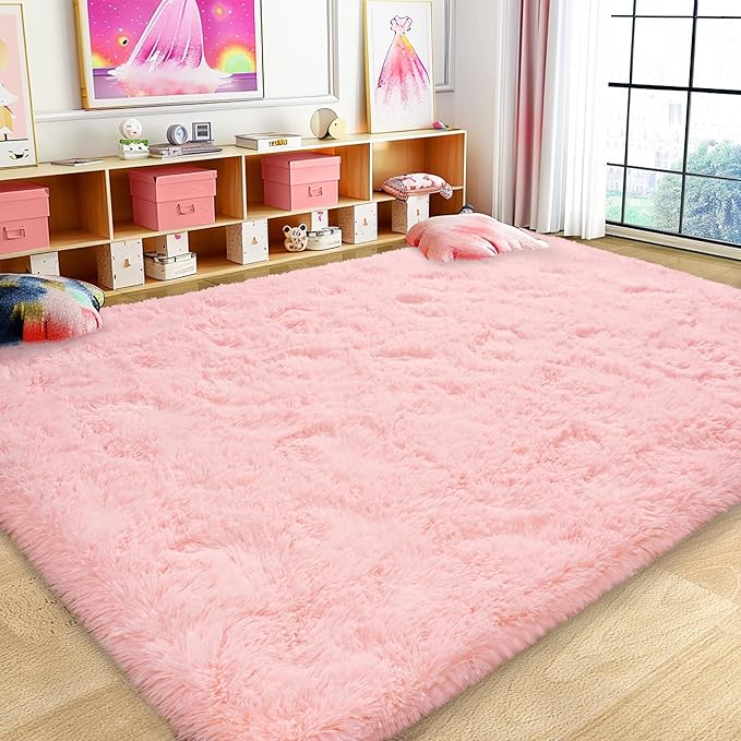 Large 9x12 Area Rugs for Living Room, Soft Shag Living Room Rug Thick Fluffy Rug for Bedroom, Plush Fuzzy Carpet for Girls Boys Kids Room Non Slip Dorm Home Decor Aesthetic, Pink
