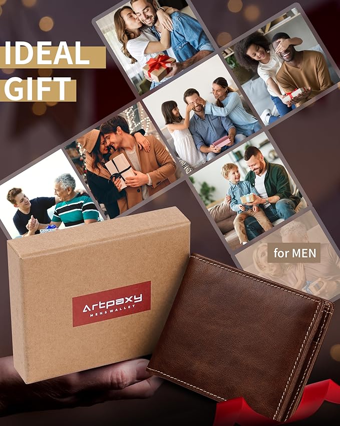 Artpaxy Mens Wallet Bifold Genuine Leather RFID Blocking Wallet for Men with 2 ID Windows 11 Card Holders 2 cash pockets 1 Gift Box