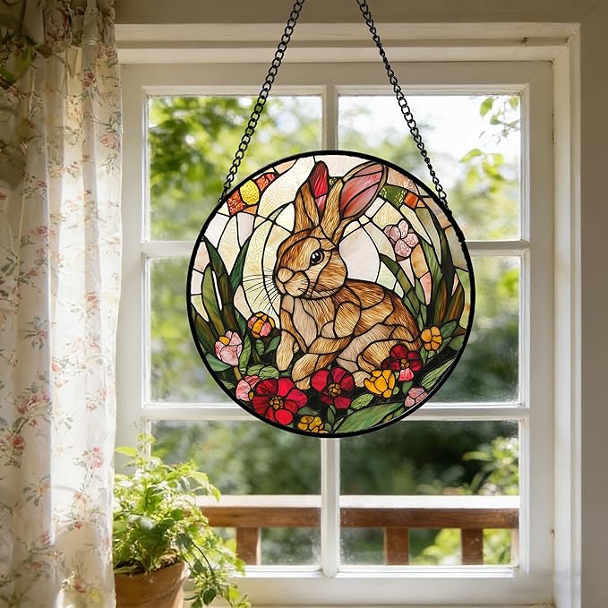 Stained Glass Window Hanging, Cute Bunny Flowers Sun Catcher for Window Door Home Decor, Rabbit Suncatcher Christmas Mother's Day Birthday Gifts for Women Men Mom and Nana 15 in