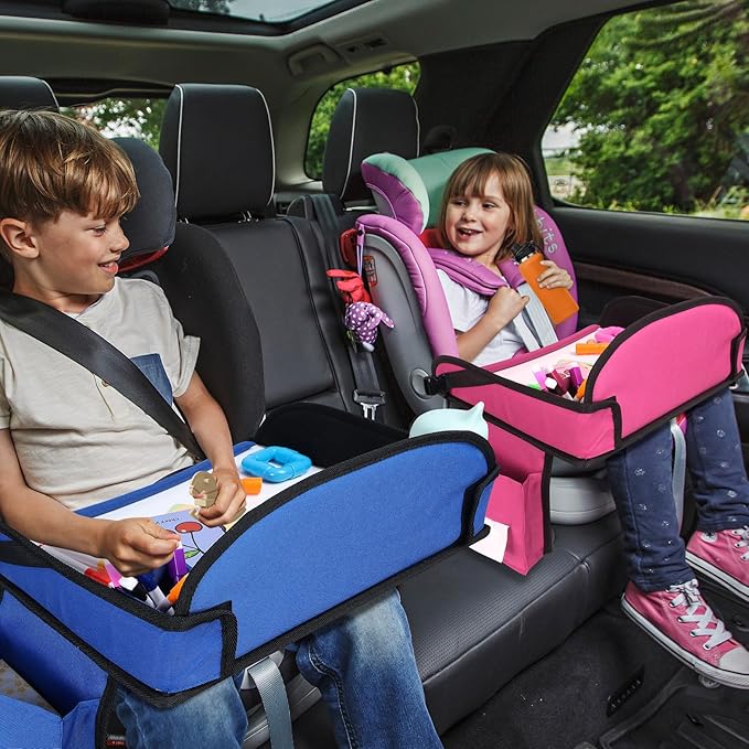 WENRENER Kids Travel Tray for Airplane - Toddler Car Seat Table Tray, Road Trip Essentials for Boys & Girls, Carseat Lap Desk for Kids Road Trip Activities (Pink-2PCS)