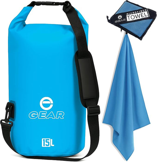 Waterproof Dry Bag 15L with Free Quick Dry Microfiber Towel – Floating Roll Top Dry Sack for Kayaking, Boating, Camping & Beach Adventures – Enthusiast Gear