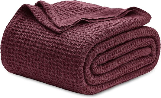 Bedsure Gentlesoft 100% Cotton Blanket Queen Size for Bed - Breathable and Soft, Thick Cozy Waffle Weave Christmas Blanket Gift for Women, Burgundy, 90x90 Inches