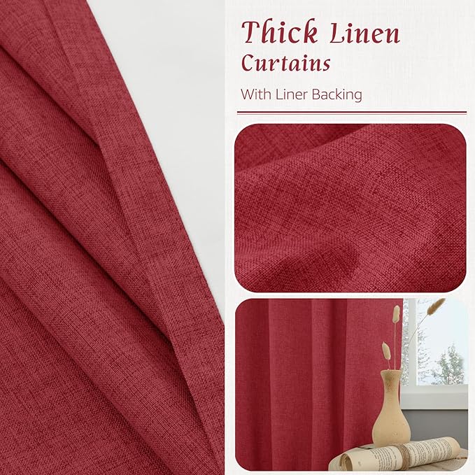 LAMIT Red 100% Blackout Linen Curtains, 84 Inch Linen Textured Living Room Christmas Decor Panels Room Darkening Back Tab and Rod Pocket Burlap Neutral Drapes with White Liner, 2 Panels, 60 x 84 Inch