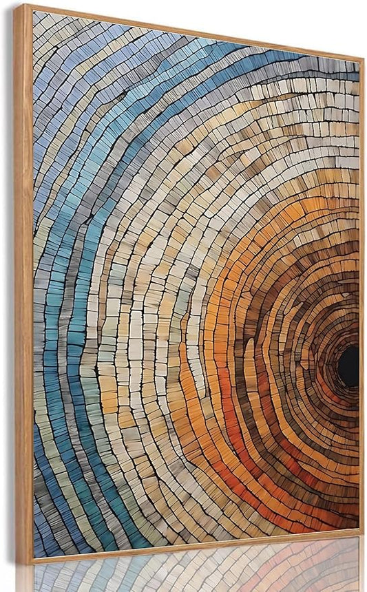 IBHJSART Framed Tree Ring Canvas Wall Art Vintage Colorful Wood Stump Painting Prints Modern Minimalist Pictures Neutral Nature Rustic Farmhouse Decor Living Room Bedroom Bathroom Office