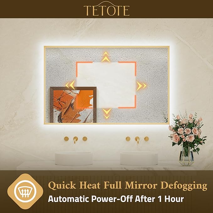 TETOTE 24 x 32 Backlit Bathroom Mirror Brushed Gold Metal Frame LED Light Vanity 3-Color White/Warm/Natural Stepless Dimmable Anti-Fog Backlight Mirror Wall-Mounted