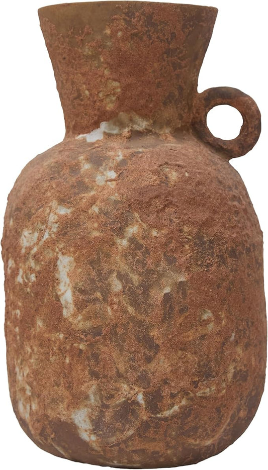 7IN Rustic Farmhouse Ceramic Vase Home Decor,Handmade Vintage Stoneware Clay Pottery Terracotta Textured for Modern Farmhouse, Living Room, Office Desk Table Shelf (Brown1)