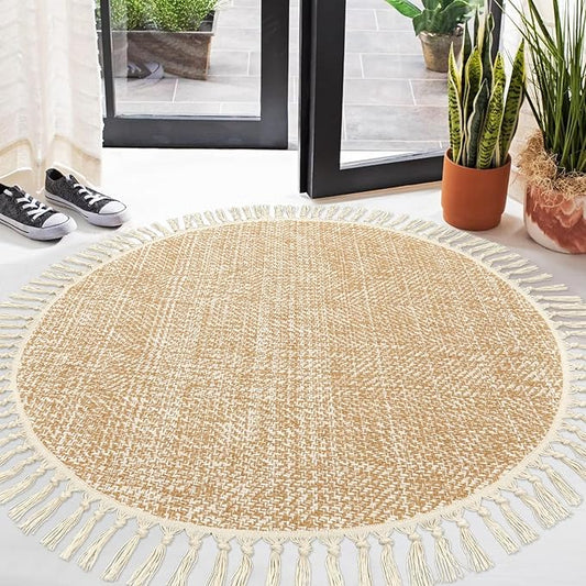Collive Hand Woven Round Area Rug Soft Cotton Machine Washable Carpet 4ft Farmhouse Rugs with Tassels, Tan/Cream Circle Rugs for Bedroom Living Room Dining Room Table Office