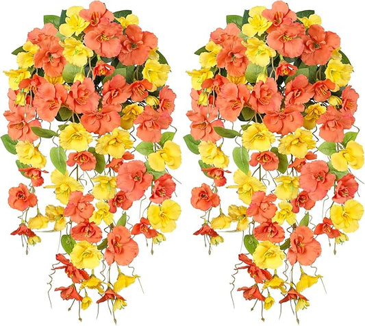 HyeFlora Hibiscus Fall Flowers Artificial Hanging Flowers Plants for Outdoors Autumn Decoration, 2pcs Silk Hibiscus Vines Realistic UV Resistant Faux Flowers for Outside Planters Yard Garden Home, Mix