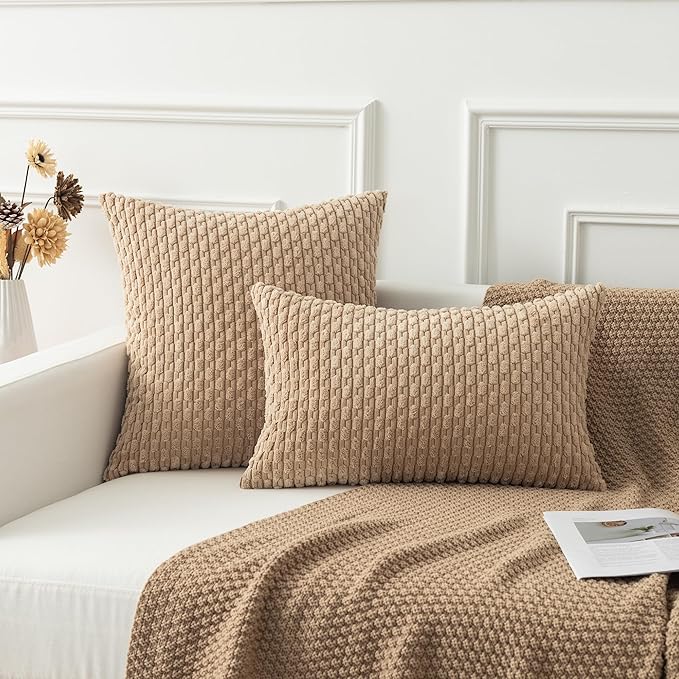 Kevin Textile 2 Packs Tan Decorative Throw Pillow Covers 20x20 Inch for Living Room Couch Bed Sofa Soft Striped Corduroy Square Cushion Case 50x50 cm Rustic Farmhouse Boho Home Decor