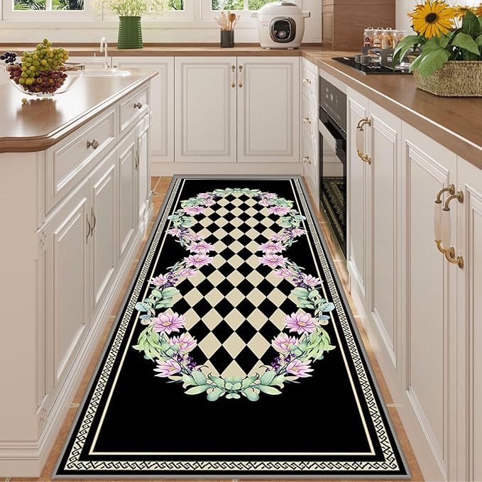 Vintage Farmhouse Checkered Hallway Carpet, 2x7ft, Elegant Floral Flower Checkerboard Indoor Throw Rugs, Absorbent Washable Foldable No Crease High Traffic Mat for Laundryroom Floor