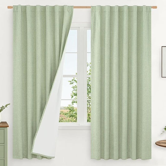 LAMIT Light Green 100% Blackout Linen Curtains, 63 Inches Linen Textured Thermal Bedroom Curtains Back Tab and Rod Pocket Neutral Panels with White Liner for Farmhouse, 2 Panels, 38 x 63 Inch