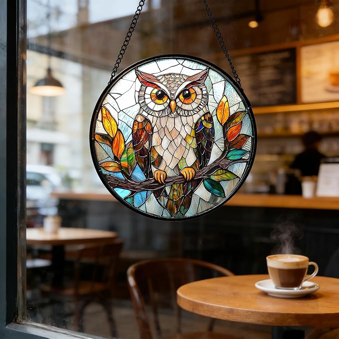 DASTOLL Stained Glass Window Hanging, Owl Colorful Leaves Birds Sun Catchers Diamond Glass Panel Hangings Suncatcher Decor for Birthday for Women, Men, Wife, Aunt, and Mom 9.8 in