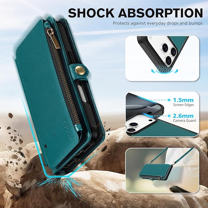TUCCH Detachable Crossbody Wallet Case for iPhone 17 Pro Max (6.9"), 10 Card Slots RFID Blocking | Lanyard Wrist Strap | Wireless Charging | Zipper Pocket | PU Leather Stand Flip Cover | Bluish Green