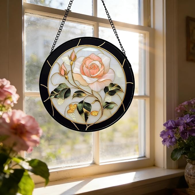 Stained Glass Window Hanging - Black White Pink Rose Sun Catcher for Door Home Decor Flower Suncatcher Christmas Mother's Day Birthday Gifts for Women Men Lovers Mom Nana 6.3 in
