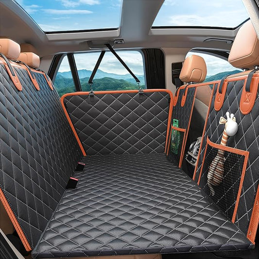Dog Car Seat Cover for Back Seat, Hard Bottom Holds 500lbs, Waterproof Sturdy Anti Scratch Back Seat Pet Cover for Dogs with Mesh Window & Storage Bag & Dog Safety Belt, for Car SUV Small Truck