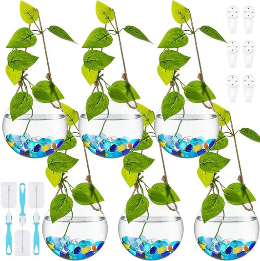 6 Pcs Wall Hanging Planter Glass Plant Pot Water Terrarium Containers Wall Vases for Flowers Air Hydroponic Propagation Glass Plant Holder Home Room Window Office(Round)