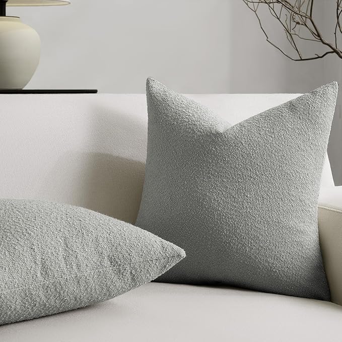 Throw Pillow Covers 18 x 18 Inch Set of 2, Accent Soft Boucle Textured Pillow Cover, Decorative Solid Color Cozy Cushion Pillow Case for Couch Bedroom Sofa Living Room Home Decor, Light Gray
