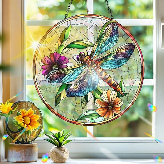 Bimkole Dragonfly Sun Catchers Indoor Window - Flowers Acrylic Suncatcher Hanging Decoration for Living Room Bedroom Summer Home Balcony Outdoor Garden Ornaments Decoration 7.8x7.8 Inch