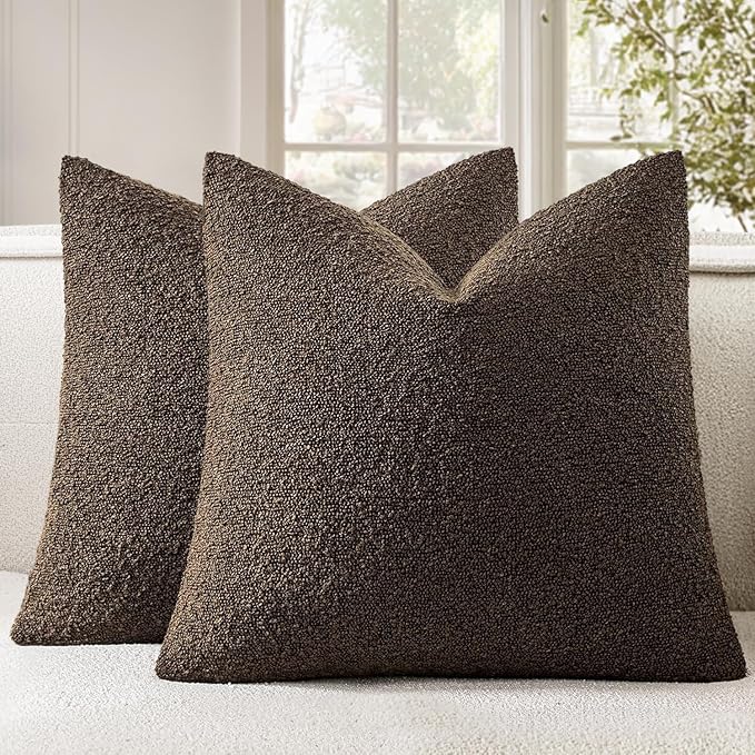 Woaboy Pack of 2 20x20 Inch Decorative Boucle Throw Pillow Covers Textured Square Pillowcaes Accent Solid Cozy Soft Cushion Covers Home Decor for Sofa Couch Living Room Home Decor,Chocolate