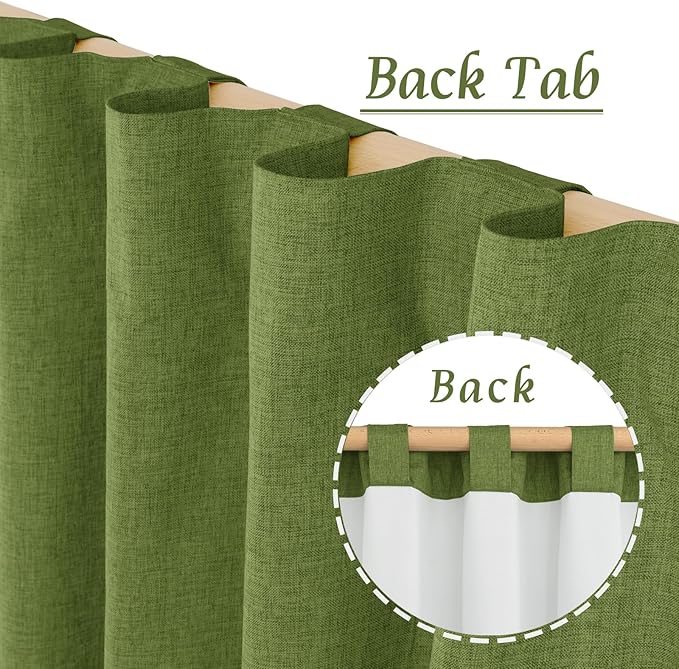 LAMIT Full Blackout Linen Curtains for Small Window, 54 Inches Thermal Bedroom Drapes Back Tab and Rod Pocket Privacy Protected Panels with White Liner, 2 Panels, 52 x 54 Inch, Olive Green