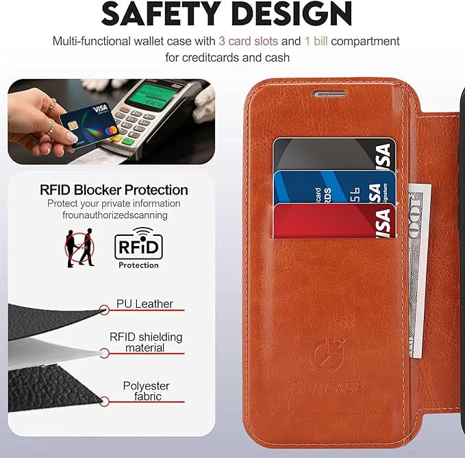 CIVICASE for iPhone 15 Pro Max Wallet Case with Stand,PU Leather Flip Credit Card Holder Slots (RFID Blocking),Compatible with Magsafe Magnetic Holder Phone Cover Women Men,Brown