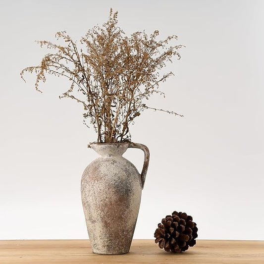 LUKA Ceramic Rustic Farmhouse Vase,9.25 inch Terracotta Vase with Handle,Neutral Tall Clay Vases Decorative Vases for Living Room,Table,Shelf Decor(Brown,L)
